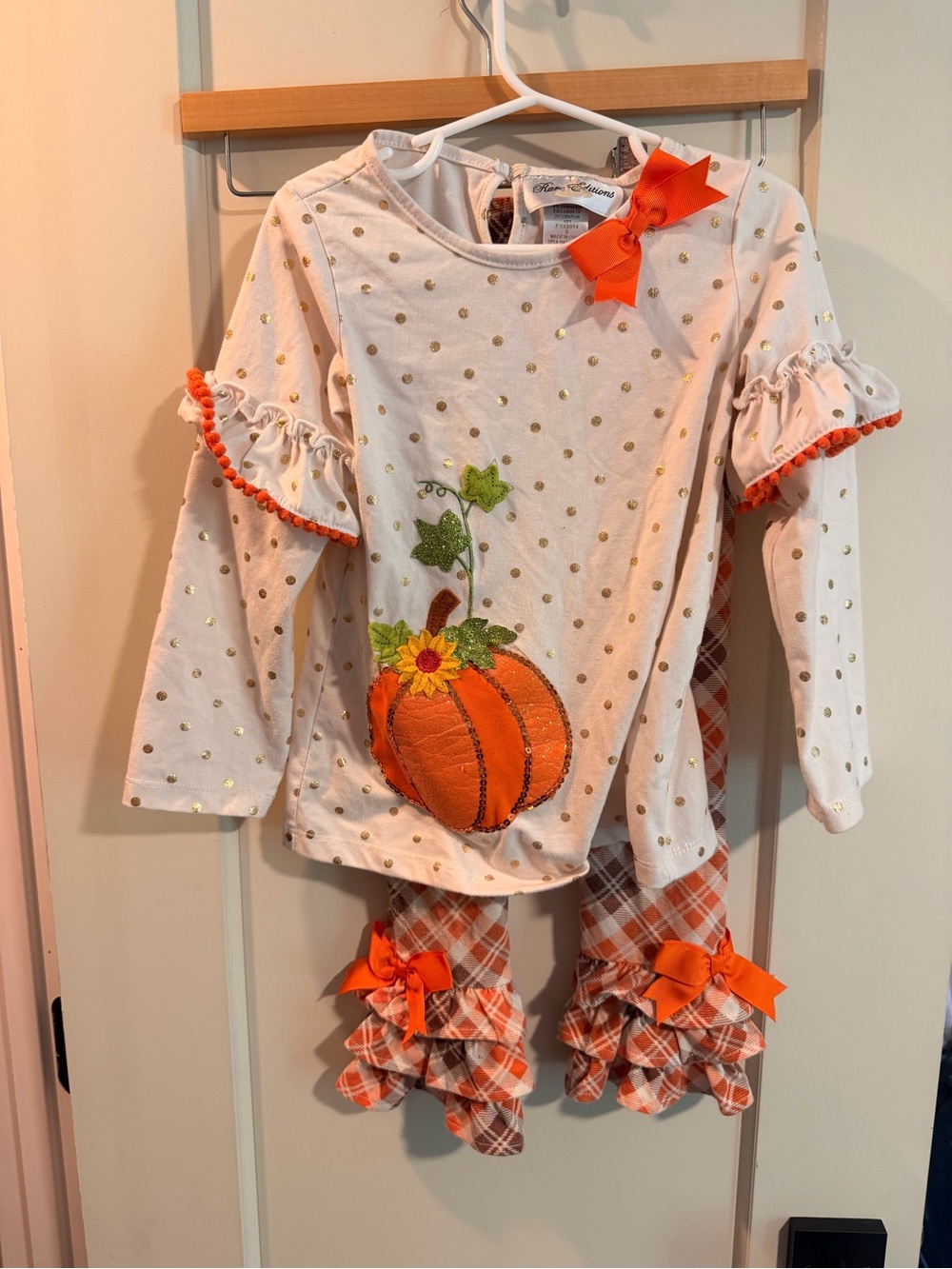 Rare Editions Orange & Cream Pumpkin Appliqué Ruffle Costume Set